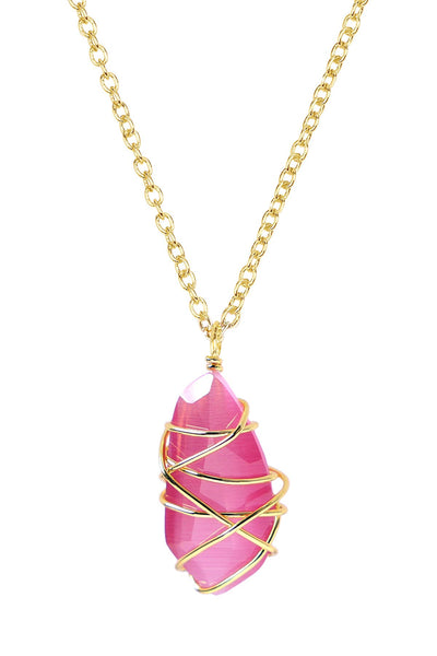 Pink Cat's Eye Wire Wrapped Pendant Necklace - GF