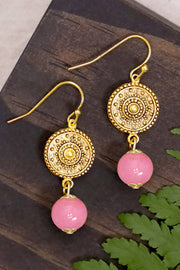 Pink Murano Glass & Mandala Disc Drop Earrings - GF