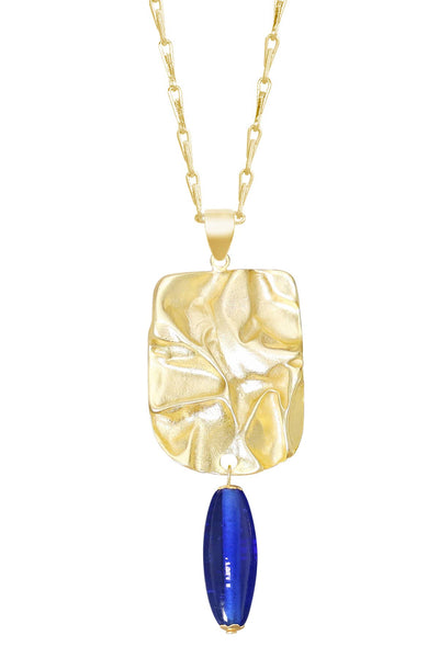 Blue Murano Glass & Wave Textured Pendant Necklace - GF