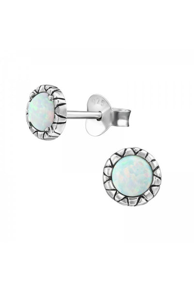 Sterling Silver Round Ear Studs With Opal - SS