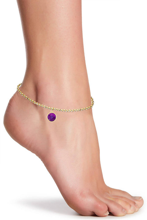 Amethyst Beaded Round Charm Anklet - GF