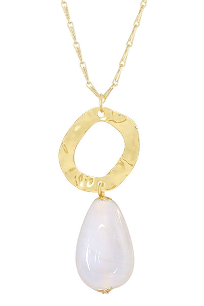 White Murano Glass & Hammered Hoop Pendant Necklace - GF