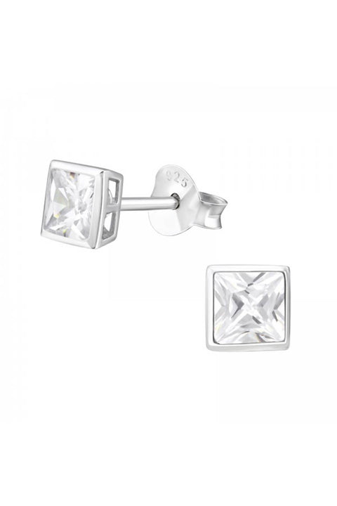 Sterling Silver Square 4mm Ear Studs With CZ - SS