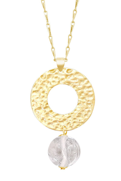 Clear Murano Glass & Hammered Circle Pendant Necklace - GF