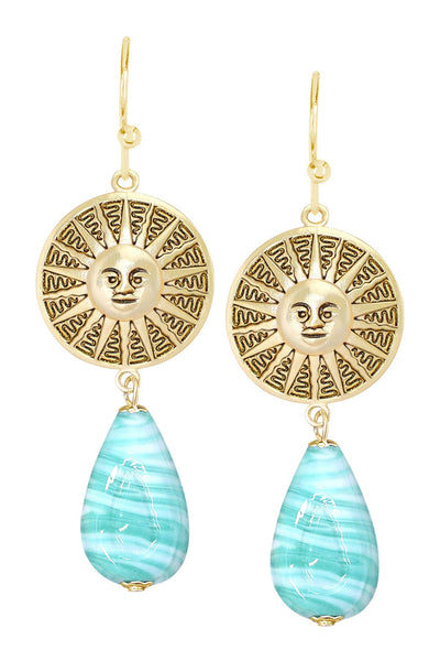 Green Murano Glass & Aztec Sun Drop Earrings - GF