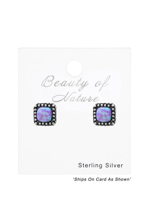 Sterling Silver Square Ear Studs With Opal - SS