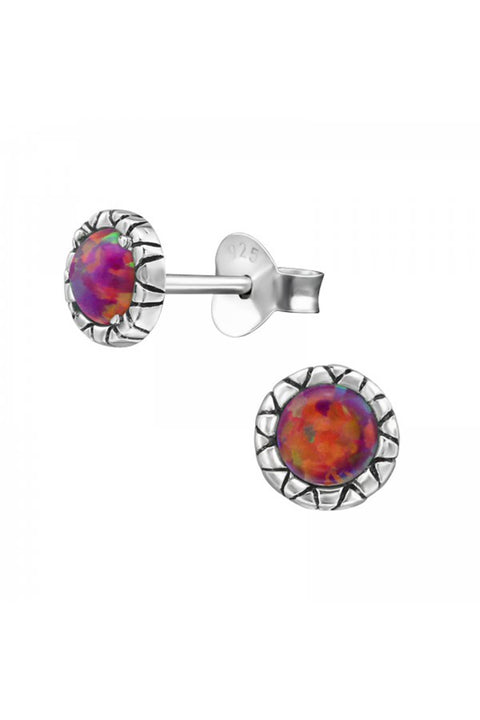 Sterling Silver Round Ear Studs With Opal - SS