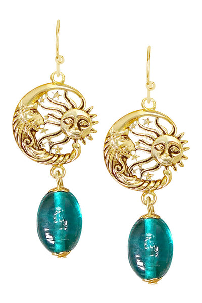 Teal Murano Glass With Sun & Moon Drop Earrings - GF