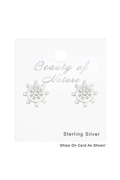 Children's Silver Ship's Wheel Ear Studs With Crystal - SS