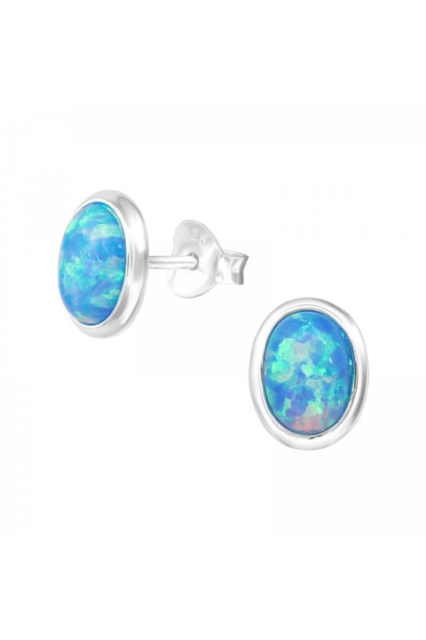 Sterling Silver Oval Ear Studs With Opal - SS