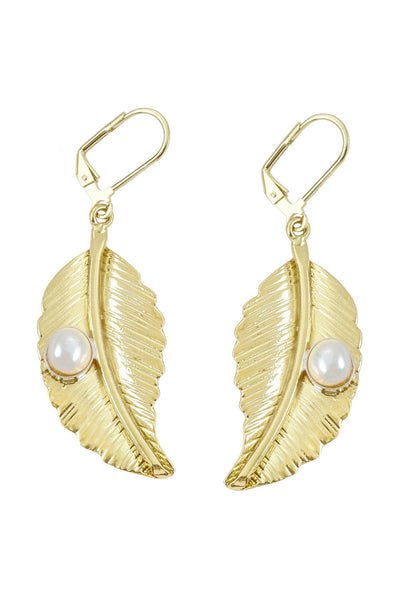 Cultured Pearl Leaf Drop Earrings In Gold - GF