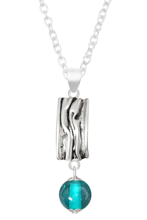 Teal Murano Glass & Textured Rectangle Pendant Necklace - SF