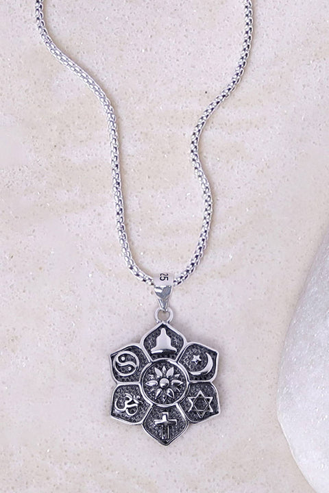 Sterling Silver Coexist Harmony Lotus Pendant Necklace - SS