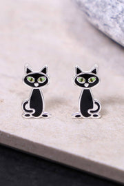 Sterling Silver Black Cat Post Earrings - SS