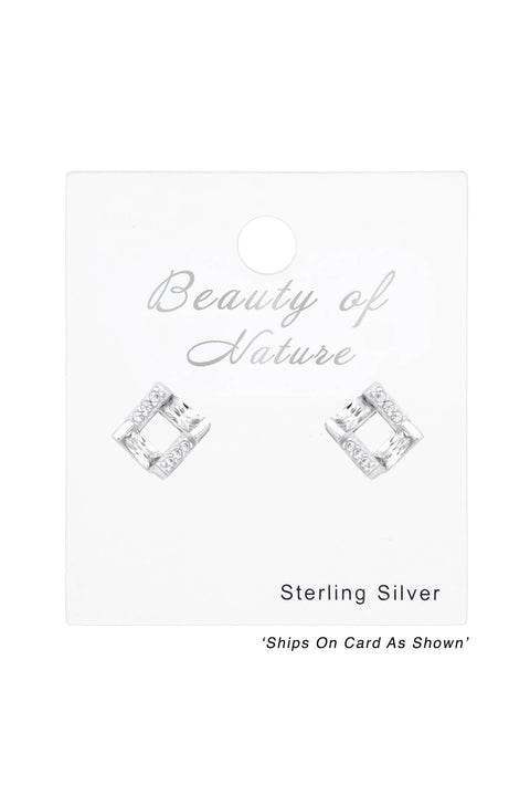 Sterling Silver Square Ear Studs With Cubic Zirconia - SS