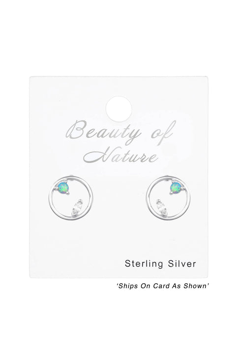 Sterling Silver Circle Ear Studs With CZ and Opal - SS