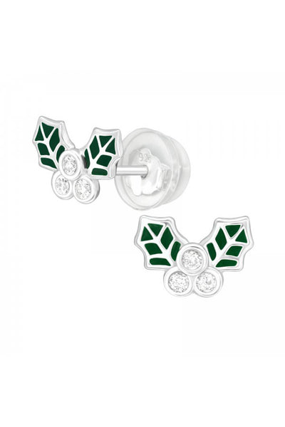 Children's Sterling Silver Holly Leaf Ear Studs With CZ - SS