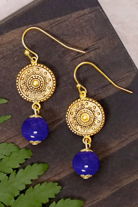 Blue Murano Glass & Mandala Disc Drop Earrings - GF