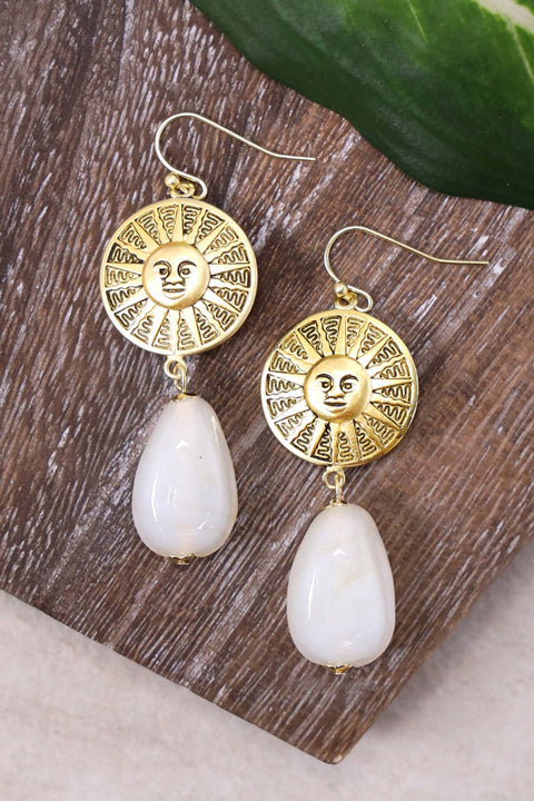 White Murano Glass & Aztec Sun Drop Earrings - GF