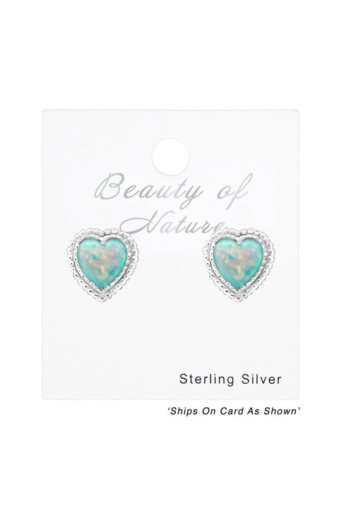 Sterling Silver Heart Ear Studs With Opal - SS
