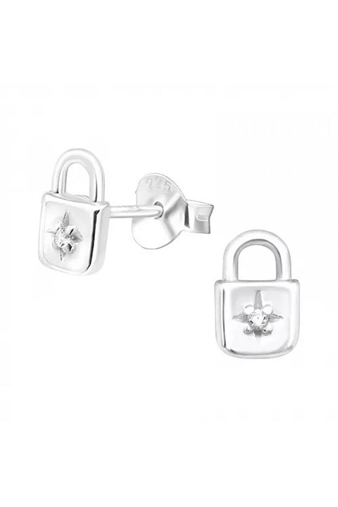 Sterling Silver Padlock Ear Studs With Cubic Zirconia - SS
