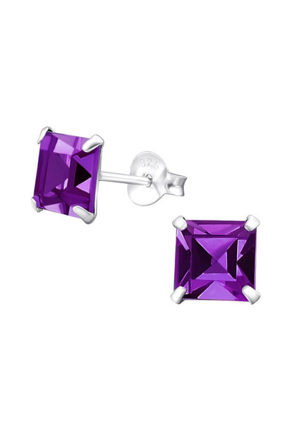 Sterling Silver Square 6mm Ear Studs With Crystals - SS