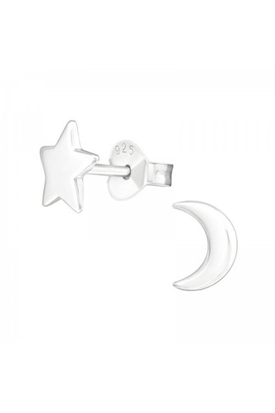 Sterling Silver Star and Moon Ear Studs - SS