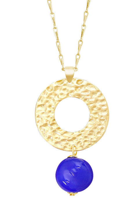 Blue Murano Glass & Hammered Circle Pendant Necklace - GF