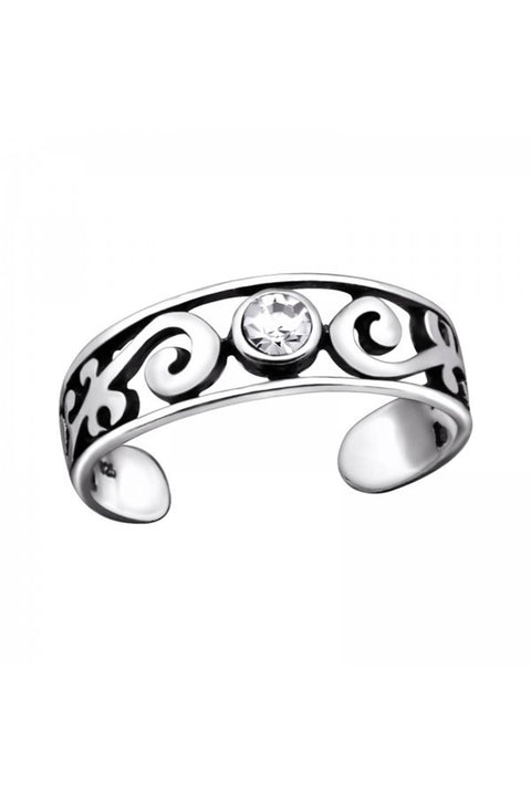 Sterling Silver Patterned Adjustable Toe Ring & Crystal - SS