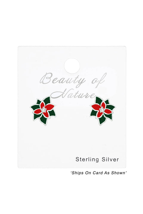 Sterling Silver Holly Ear Studs With CZ and Epoxy - SS