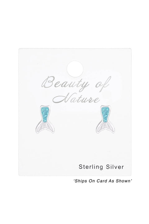 Sterling Silver Mermaid Tail Ear Studs with Crystal - SS