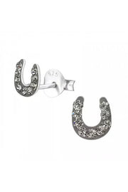 Sterling Silver Horseshoe Ear Studs with Crystals - SS