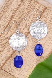 Blue Murano Glass & Hammered Disc Drop Earrings - SF