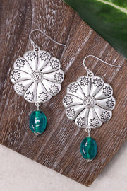 Teal Murano Glass & Hammered Floral Disc Drop Earrings - SF