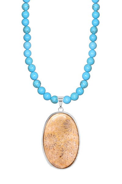 Turquoise Beads Necklace With Lily Fossil Pendant - SF