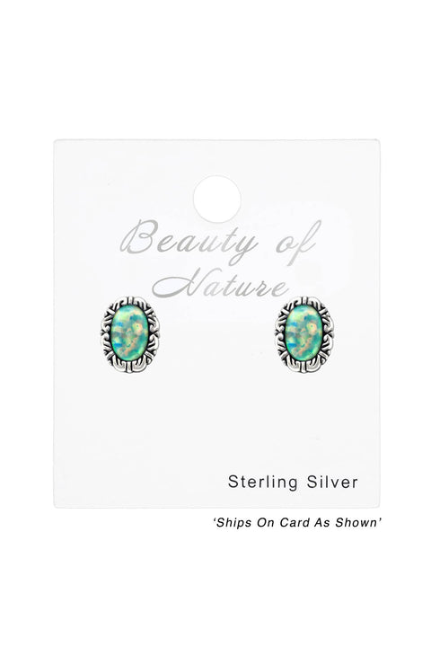 Sterling Silver Oval Ear Studs With Opal - SS