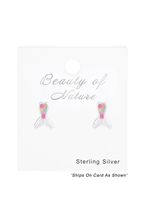 Sterling Silver Mermaid Tail Ear Studs with Crystal - SS