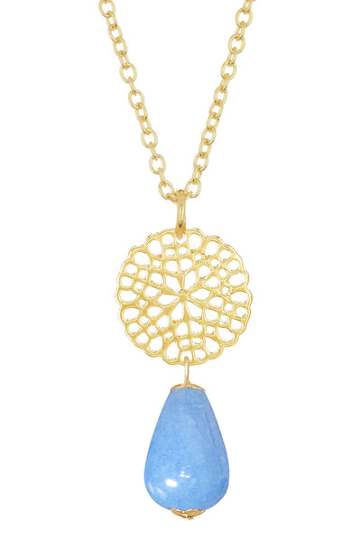 Aquamarine & Daisy Disc Pendant Necklace - GF