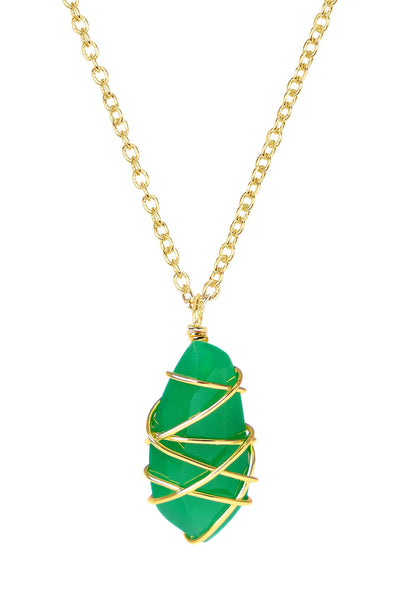 Green Chalcedony Crystal Wire Wrapped Pendant Necklace - GF