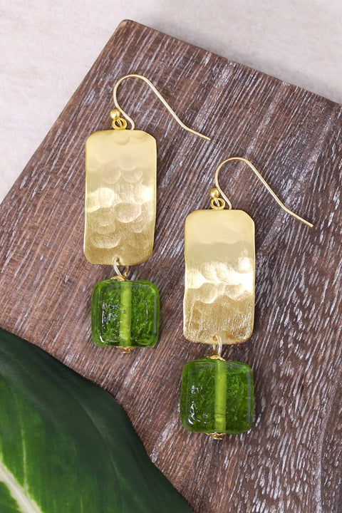 Peridot Murano Glass & Hammered Rectangle Drop Earrings - GF