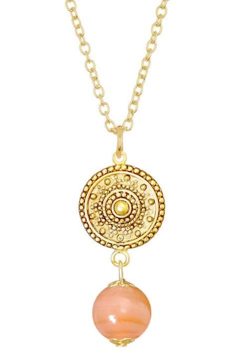 Peach Murano Glass & Mandala Disc Pendant Necklace - GF