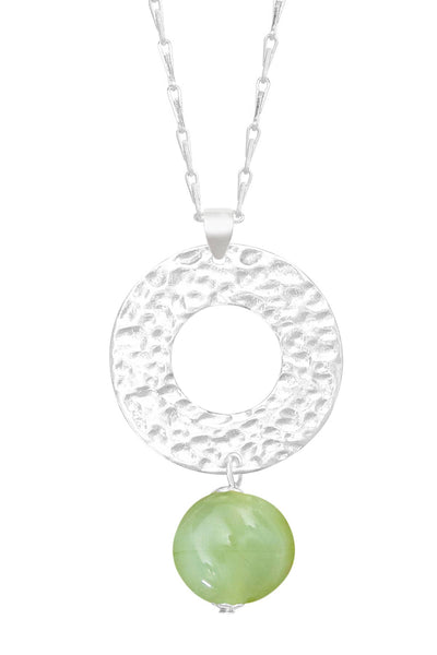 Green Murano Glass & Hammered Circle Pendant Necklace - SF