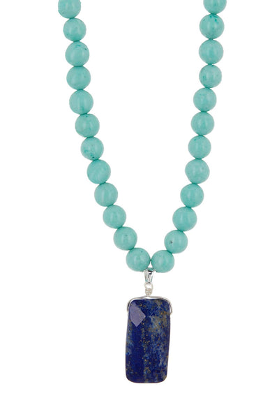 Turquoise Mala Beads & Lapis Pendant Necklace - SF
