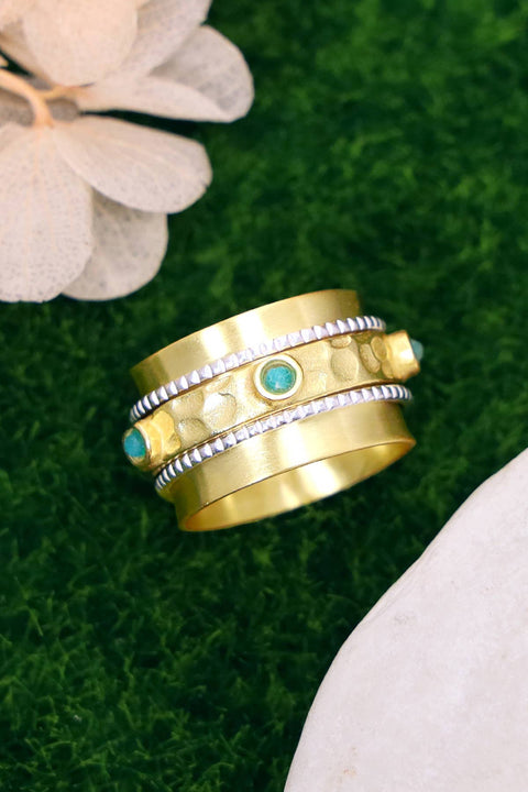 Amazonite & Two-Tone Hammered Spinner Ring - GF