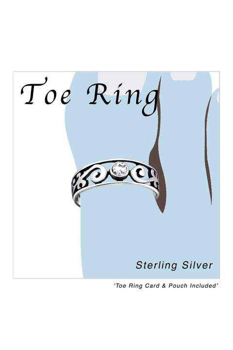 Sterling Silver Patterned Adjustable Toe Ring & Crystal - SS