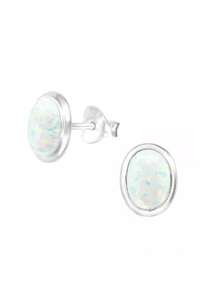 Sterling Silver Oval Ear Studs With Synthetic Opal - SS