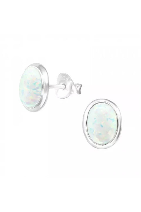 Sterling Silver Oval Ear Studs With Synthetic Opal - SS