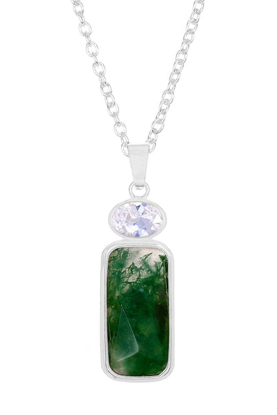 Moss Agate With CZ Pendant Necklace - SF