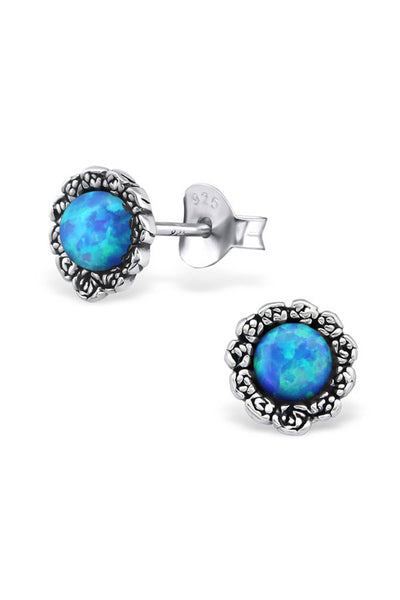 Sterling Silver Flower Ear Studs With Opal - SS