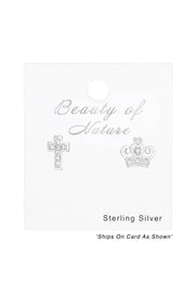 Sterling Silver Cross and Crown Ear Studs With CZ - SS